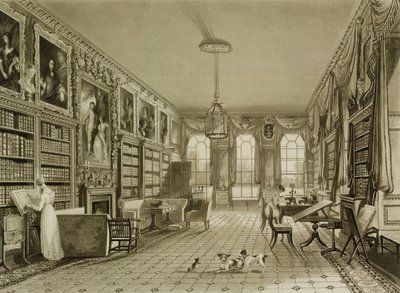 Bibliotheek als zitkamer, Cassiobury Park, c.1815, uit J. Britton 